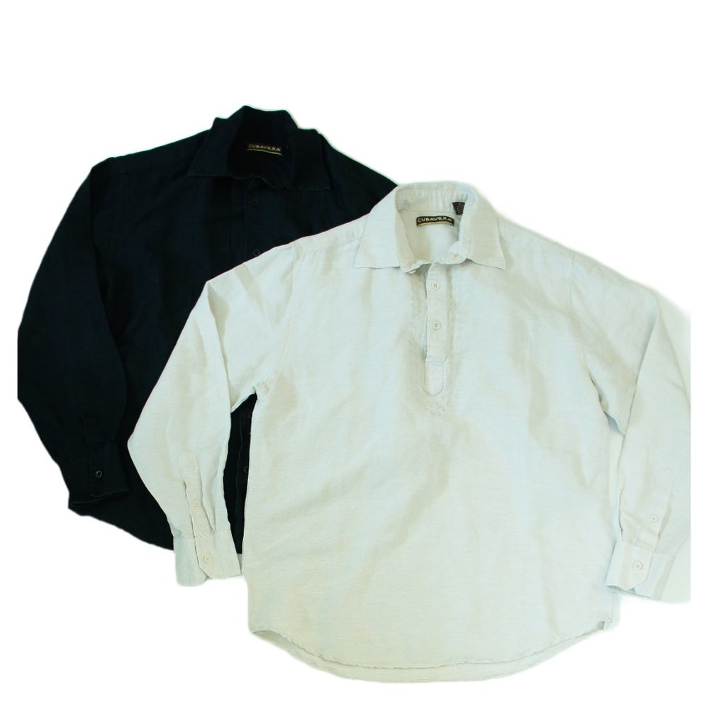 Cubavera Mens Shirt M Lot of 2 Black Cream Long Sleeve Linen Ramie Blend Cuban